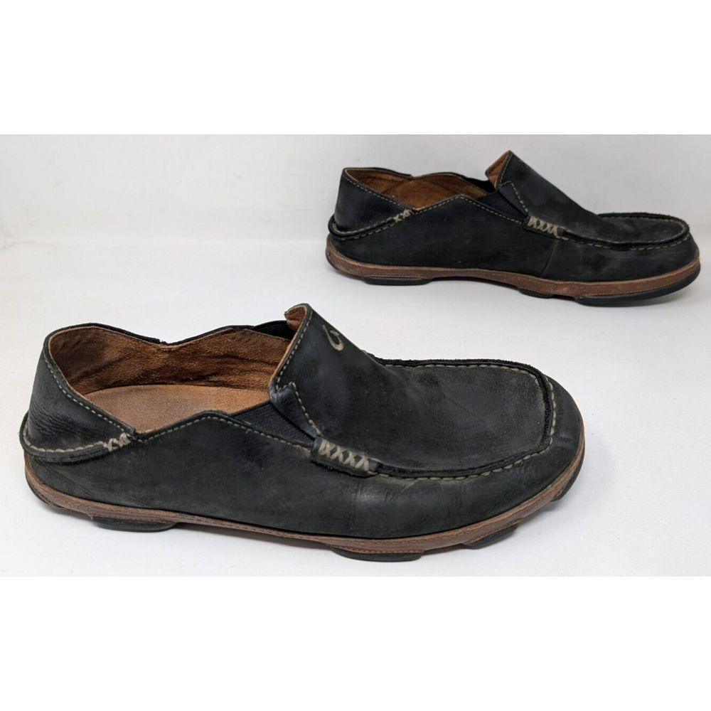 Olukai Moloa Toffee Black Leather Slip On Shoes 10128-4033 Men's Size 10